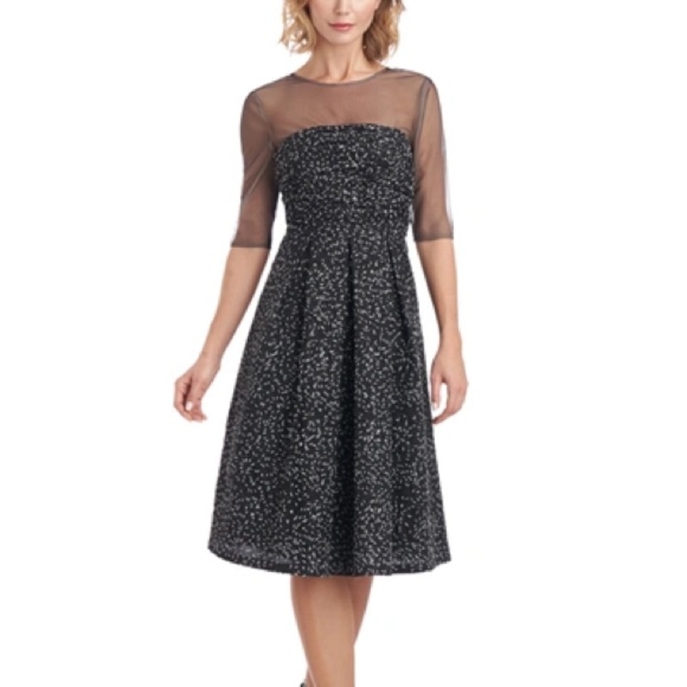 JS COLLECTION Holiday Black Mesh Shirred Bodice Lined Elbow Sleeve Dress 8 New